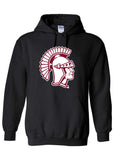 A black pullover hoodie featuring a Trojan head graphic printed on the chest.