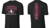 Black short-sleeve athletic T-shirt shown from the front and back. The front features large maroon 'JENKS' lettering with a Trojan head graphic and 'CROSS COUNTRY' below. Trojans in a vertical design down the back. 