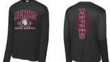 Black long-sleeve athletic shirt shown from the front and back. The front features 'JENKS CROSS COUNTRY' in maroon and white with a Trojan head in circle. Trojans in a vertical design down the back. 