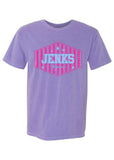 A heather purple short-sleeve t-shirt with a pink and light blue graphic on the chest featuring the word 'JENKS' and 'Los Angeles' in a striped hexagon design.