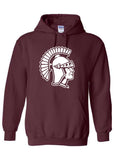 A maroon pullover hoodie featuring a white Trojan head graphic printed on the chest.
