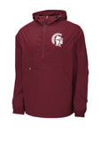 A maroon hooded quarter-zip pullover jacket with a Trojan head logo on the left chest, displayed on a solid white background.