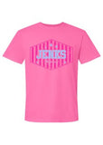 A bright pink short-sleeve crewneck t-shirt featuring a pink and white striped hexagonal graphic on the chest with the text 'JENKS' in light blue.