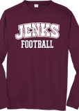 A long-sleeve crewneck t-shirt in maroon with 'JENKS FOOTBALL' printed in white across the chest.