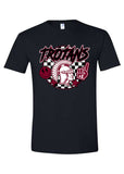 A black short-sleeve crewneck t-shirt featuring a collegiate graphic on the front with the word 'TROJANS' in maroon and white, a Trojan head, a maroon foam finger , and a maroon-and-white checkered circle.