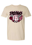 A beige crewneck t-shirt featuring a graphic print on the front with the word 'TROJANS' in a stylized font, a Trojan head, a maroon-and-white checkered circle, and a maroon foam finger, shown against a plain background.