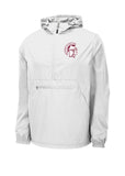 A white pullover hooded jacket with a gray patterned hood lining, featuring a Maroon Trojan head logo on the left chest, displayed on a solid white background.